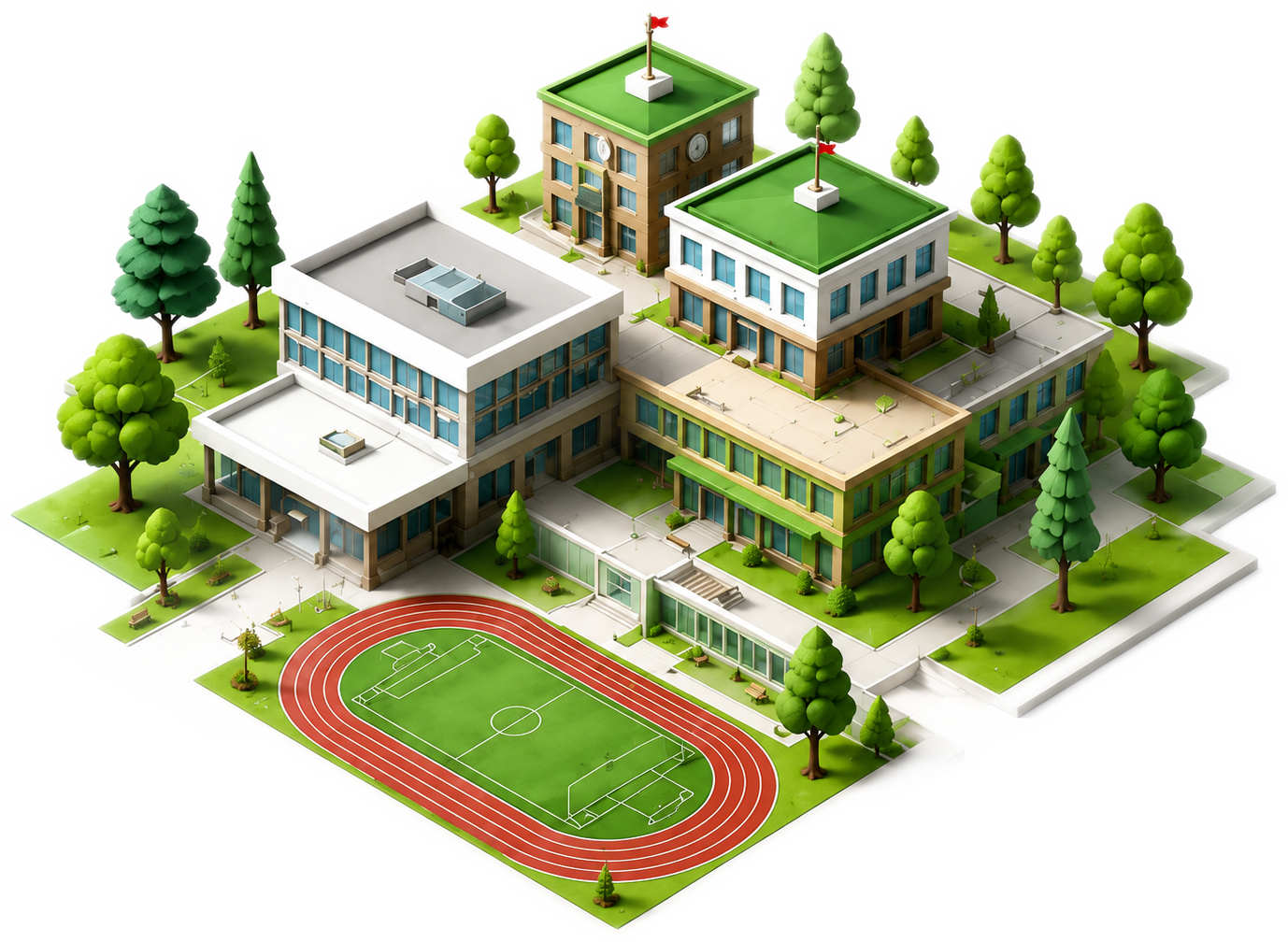 Isometric illustration of a modern school campus with sports facilities