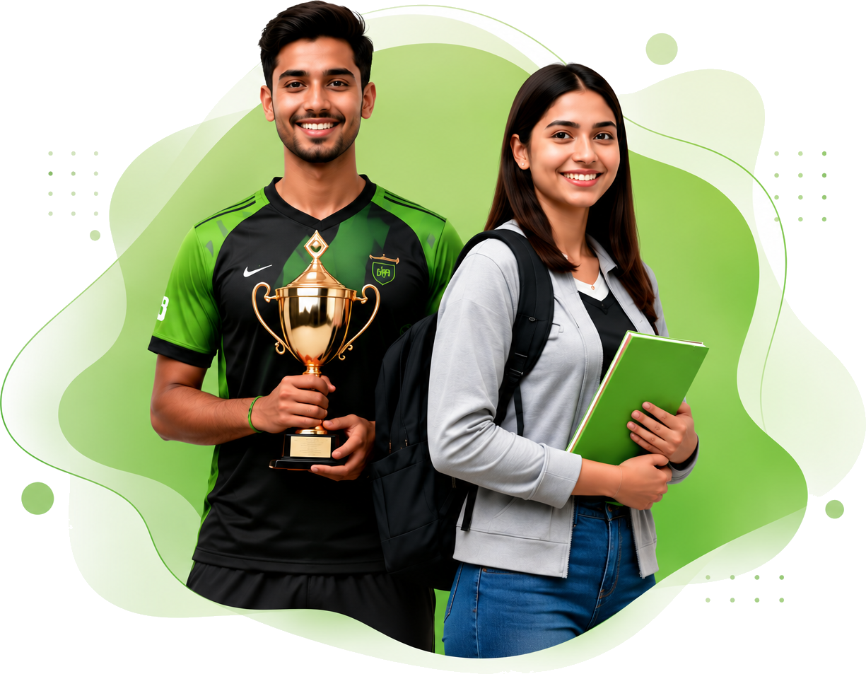 Students celebrating talent — athlete with trophy and student with books
